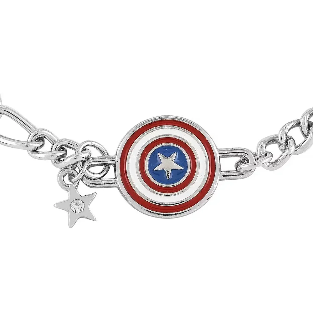 Captain America Figaro Shield Enameled Bracelet in Silvertone 7.5